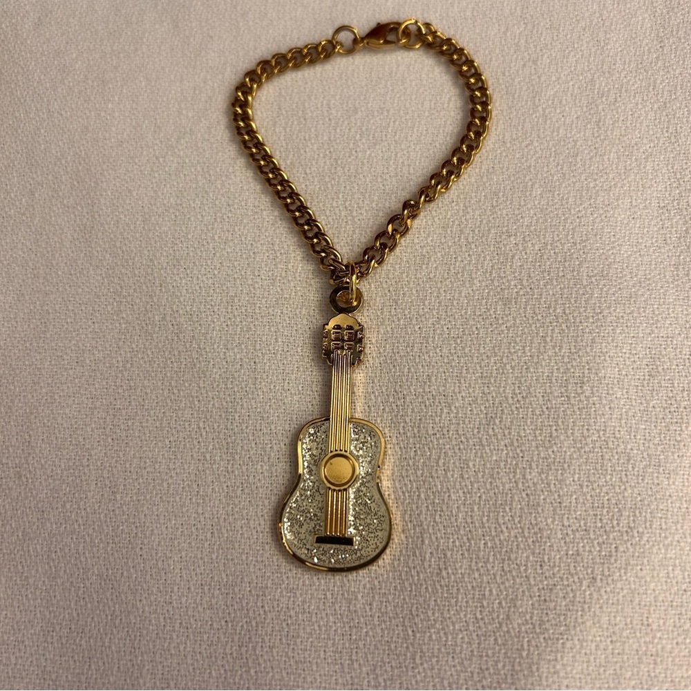 Glittering Gold Tone Guitar Purse Charm